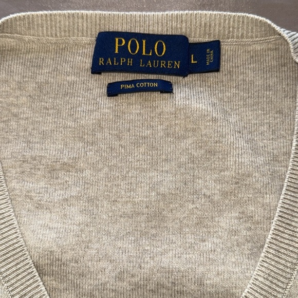 Polo Ralph Lauren Pima Cotton V-Neck Sweater Vest in Oatmeal Tan - Picture 5 of 9